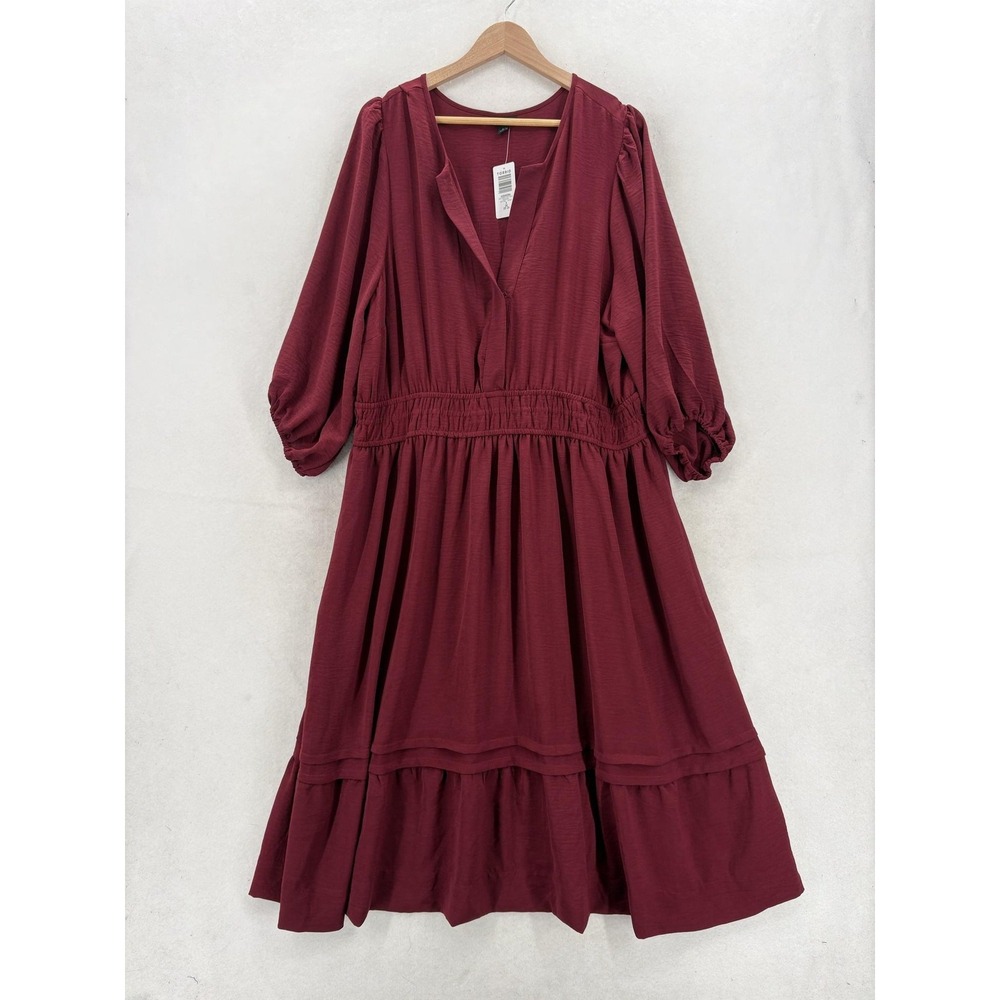 Torrid Shirt Dress Womens 3X Burgundy Smocked Tiered Ruffle Long Sleeve Midi NWT